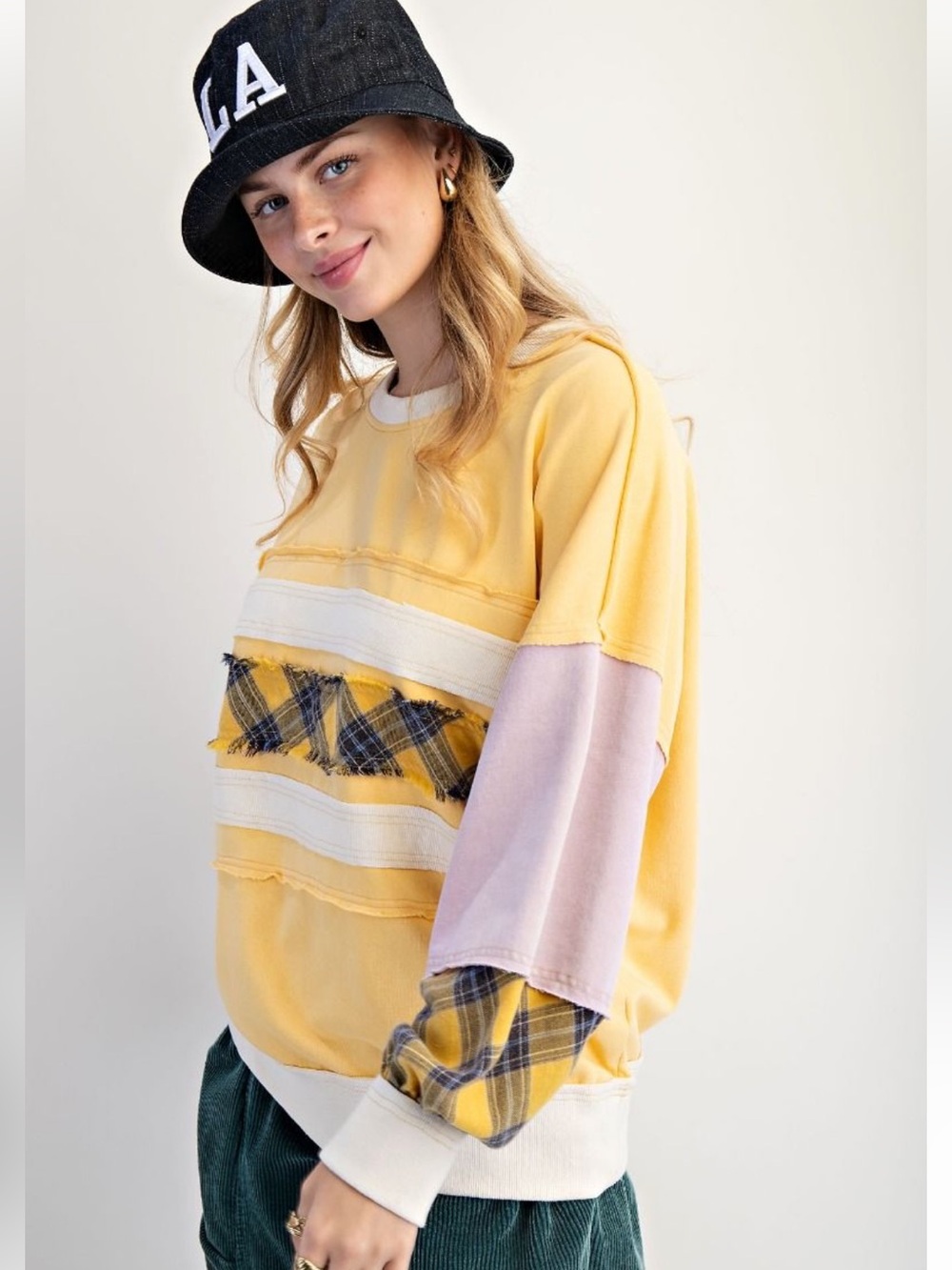 528. Plaid patchwork multi color flannel crewneck sweatshirt